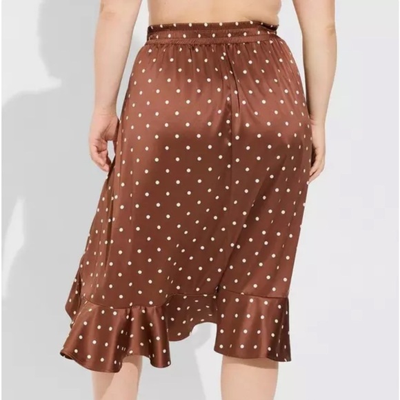 Torrid Midi Stretch Brown Satin Polka Dot Hi-Low Ruffle Skirt Womens Size 1X - Picture 2 of 6